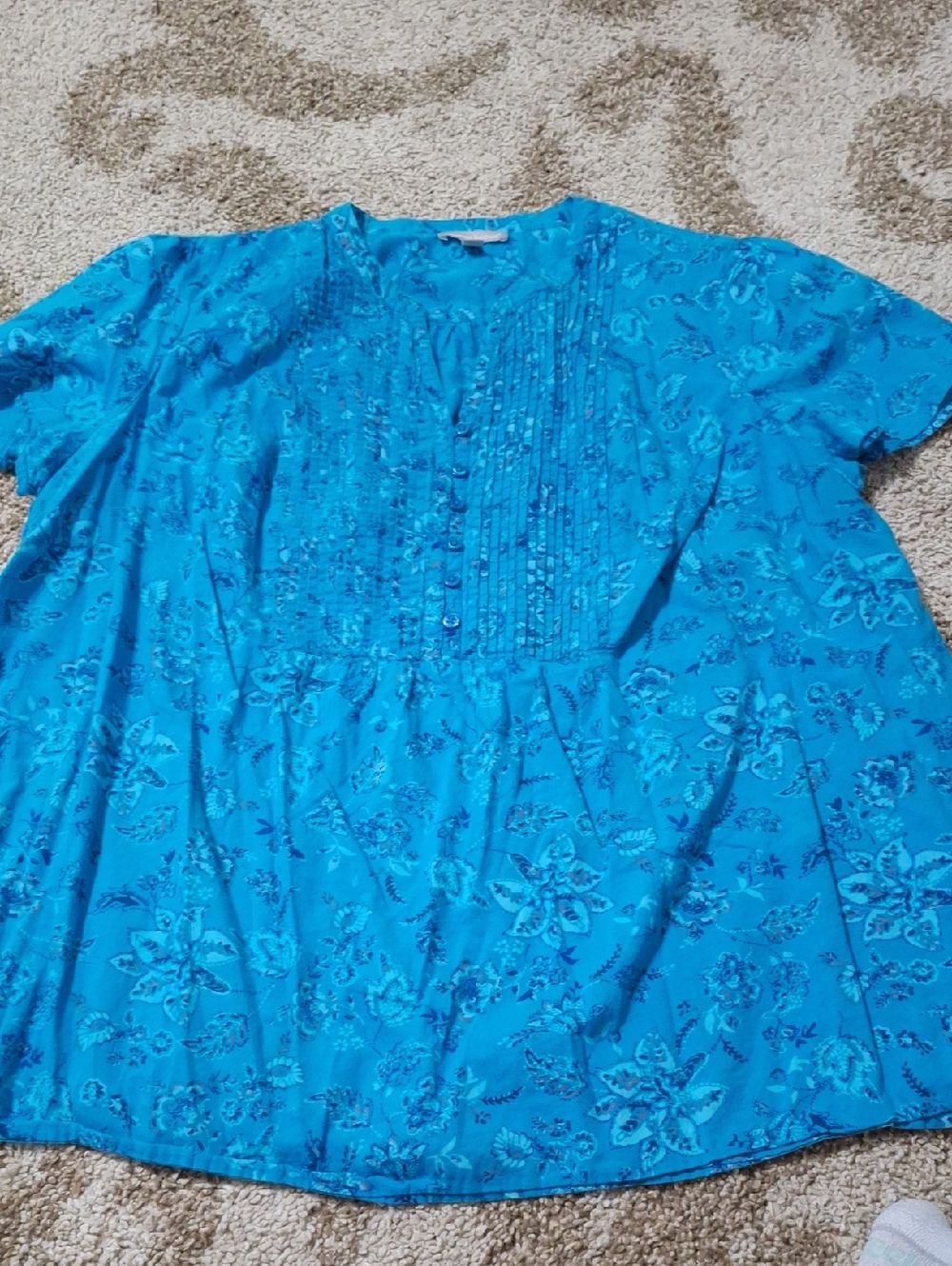 Bright Turquoise Floral Pintuck Blouse